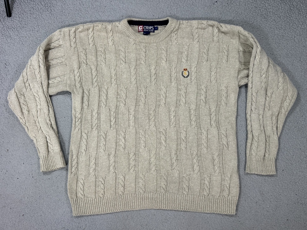 Vintage Chaps Ralph Lauren Sweater Men Large Cable Knit Cotton Crewneck USA Made